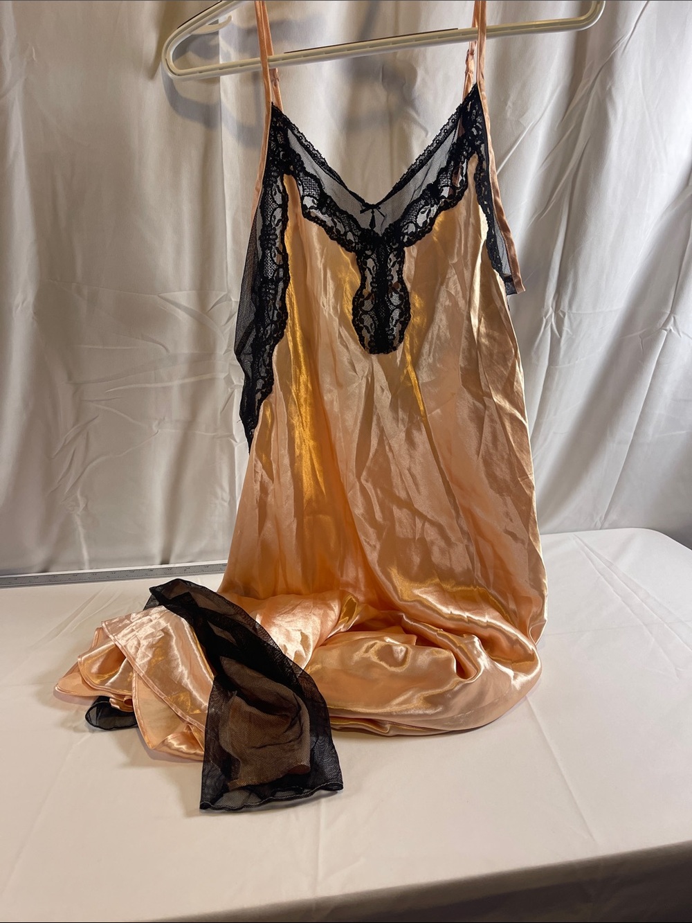 Peach Satin Chemise with Black Lace Trim